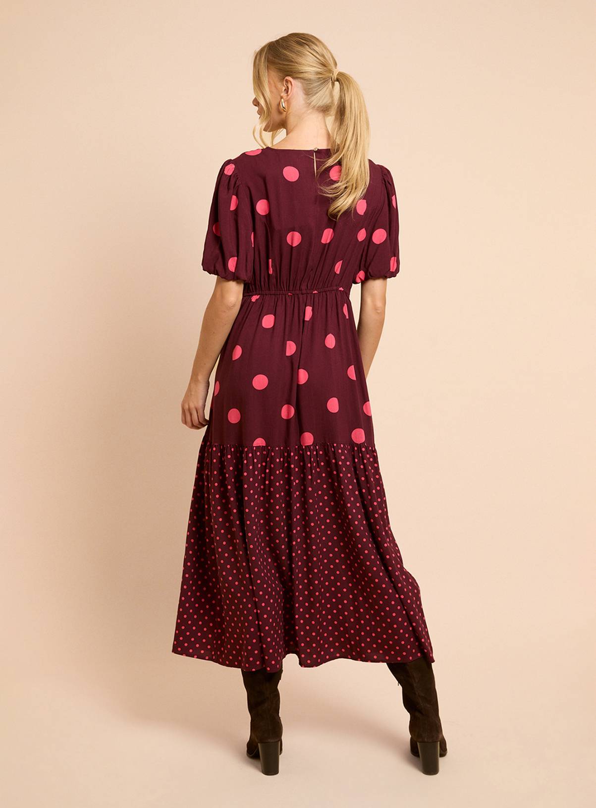 DOROTHY PERKINS Spot Puff Sleeve Dropped Waist Spot Mix Midi Dress 14 - Image 3